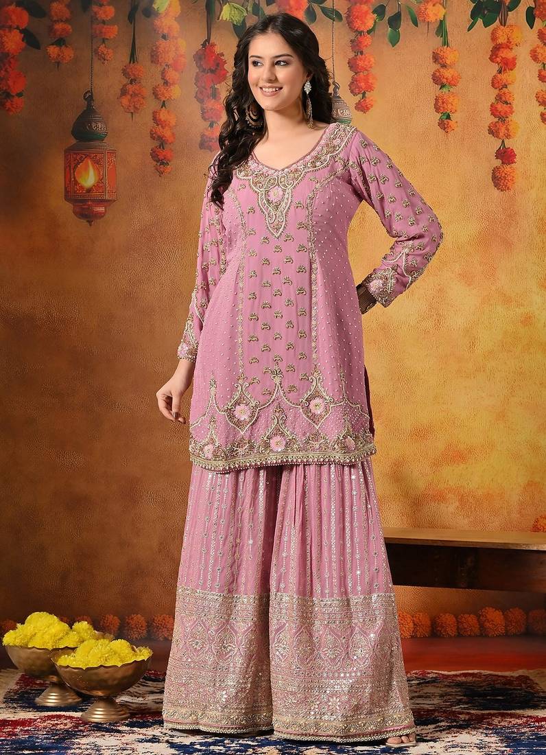 Pink georgette embroidered gharara set