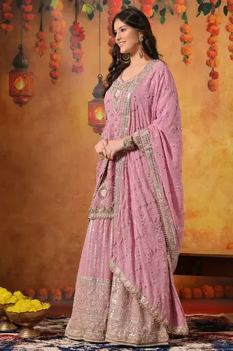 Pink georgette embroidered gharara set