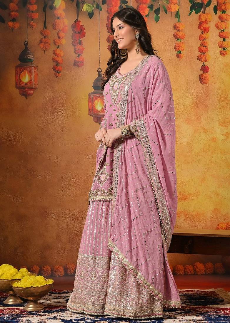 Pink georgette embroidered gharara set