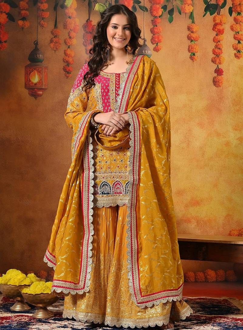 Yellow banarasi embroidered gharara set
