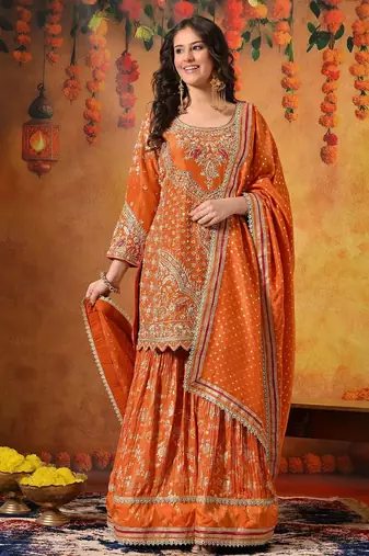 Orange tissue weaved gharara set