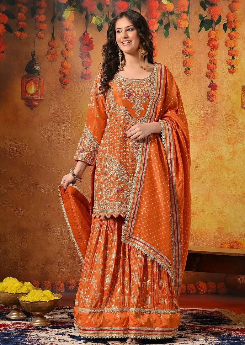 Orange tissue weaved gharara set