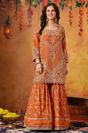 Orange tissue weaved gharara set