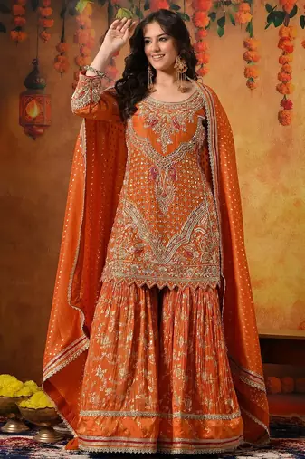 Orange tissue weaved gharara set