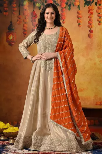 Golden tissue embroidered anarkali with dupatta