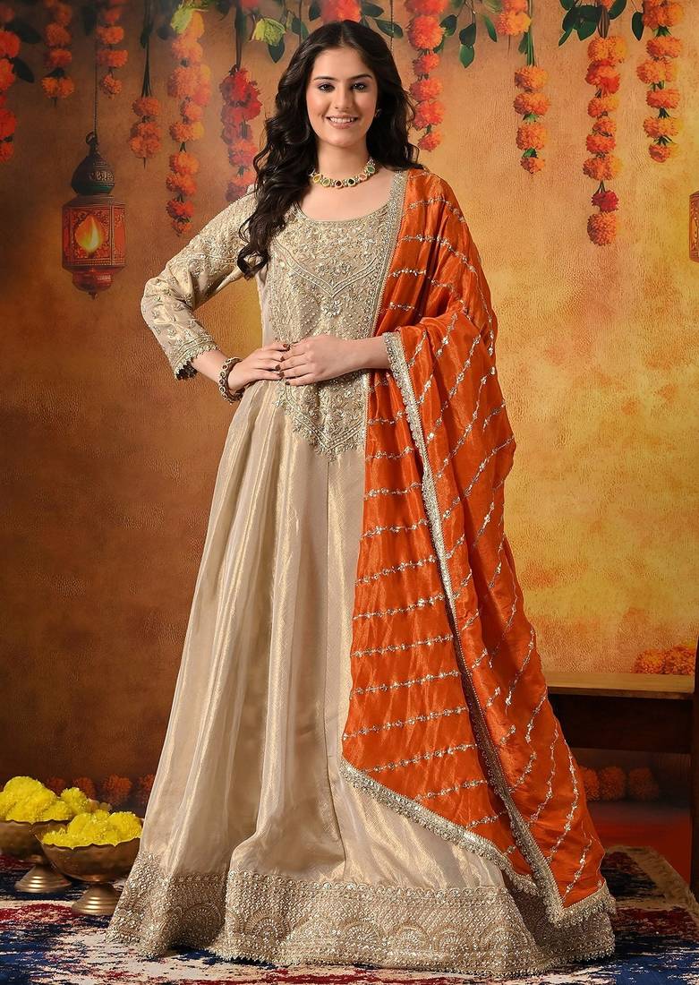 Golden tissue embroidered anarkali with dupatta
