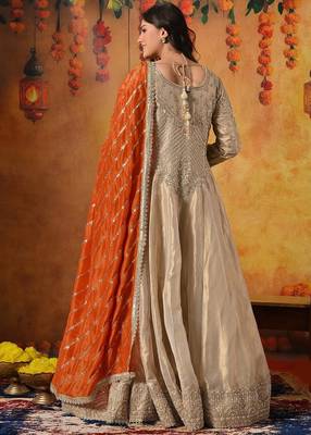 Golden tissue embroidered anarkali with dupatta 2