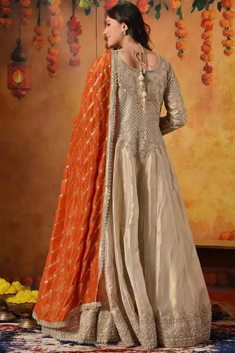 Golden tissue embroidered anarkali with dupatta
