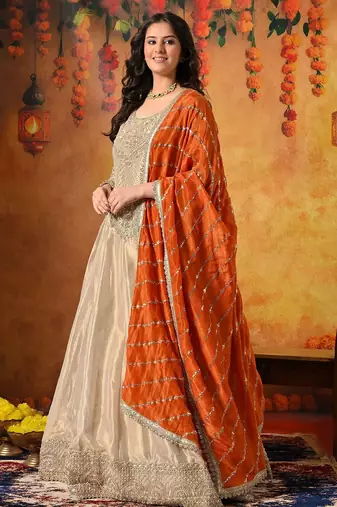 Golden tissue embroidered anarkali with dupatta