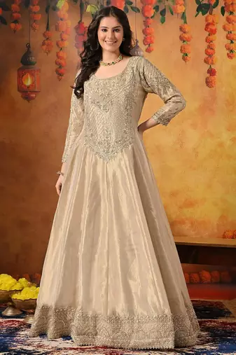 Golden tissue embroidered anarkali with dupatta