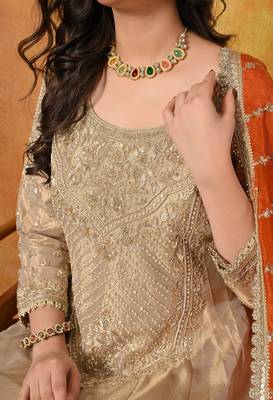 Golden tissue embroidered anarkali with dupatta 5