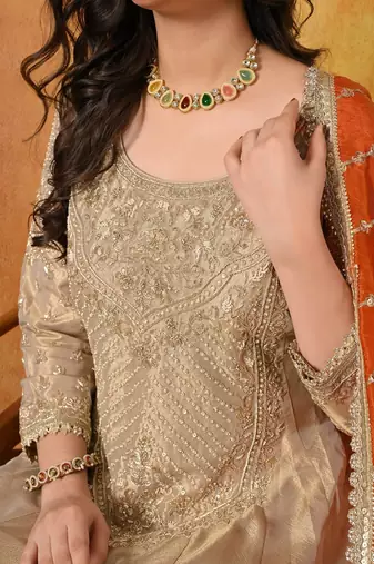 Golden tissue embroidered anarkali with dupatta