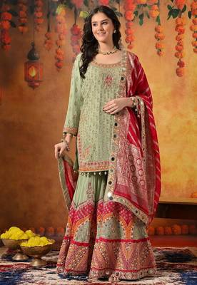 Green georgette embroidered gharara set 1