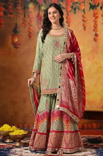 Green georgette embroidered gharara set
