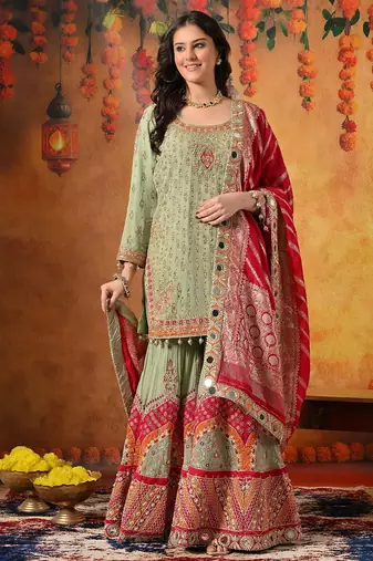 Green georgette embroidered gharara set