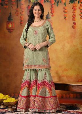 Green georgette embroidered gharara set 2