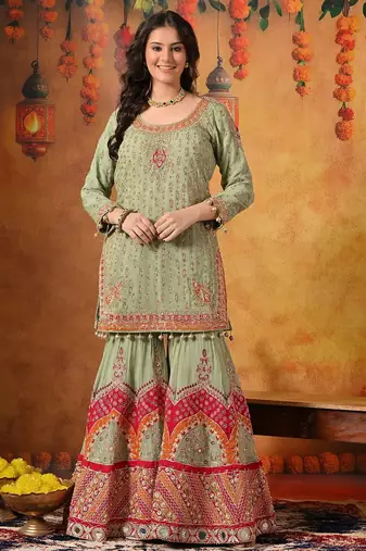 Green georgette embroidered gharara set