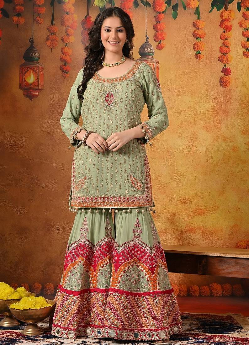 Green georgette embroidered gharara set