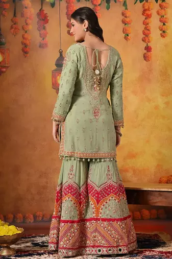 Green georgette embroidered gharara set