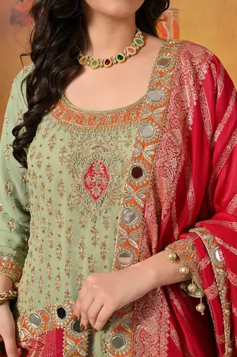 Green georgette embroidered gharara set