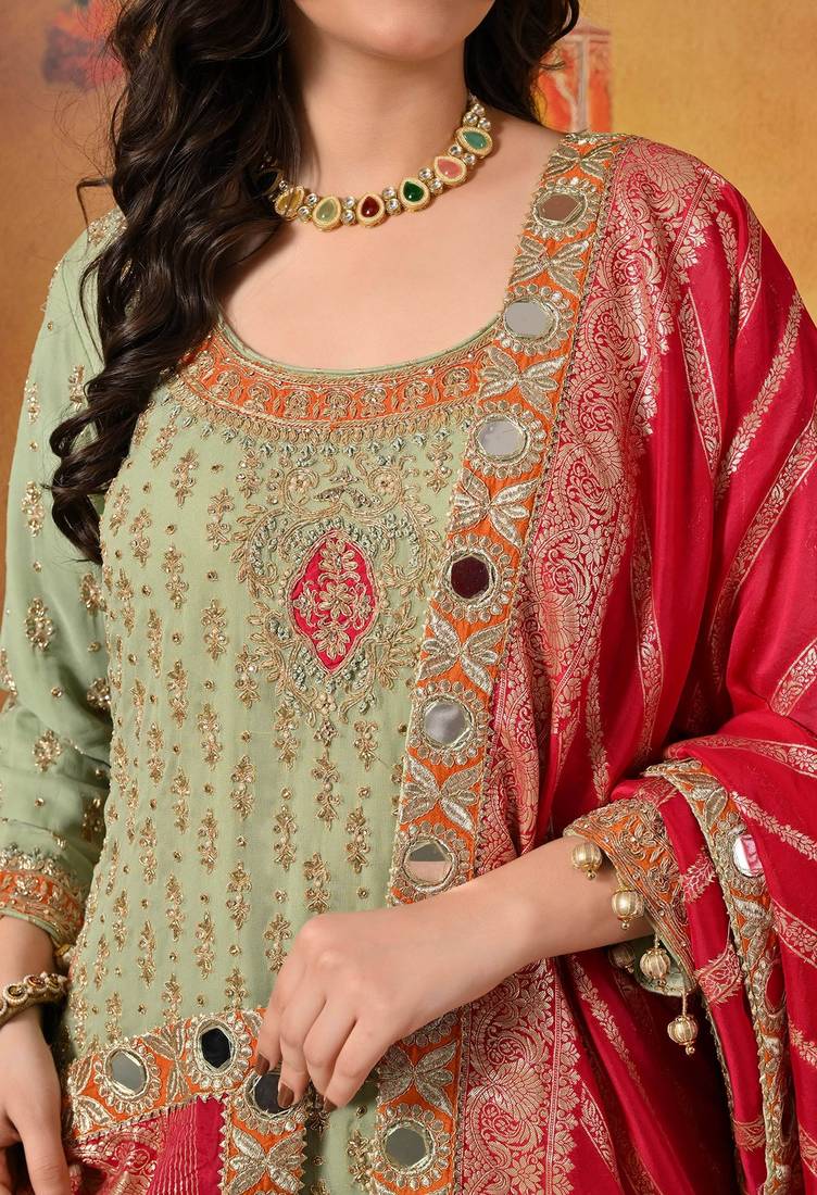 Green georgette embroidered gharara set