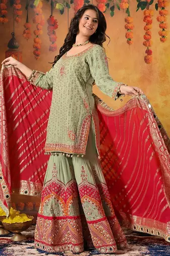 Green georgette embroidered gharara set