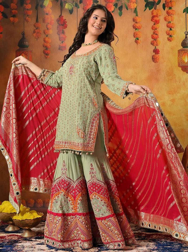 Green georgette embroidered gharara set