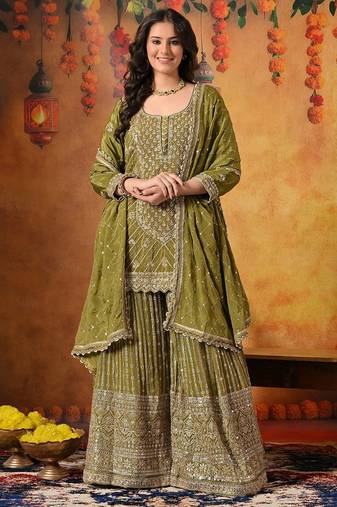 Green crepe embroidered gharara set