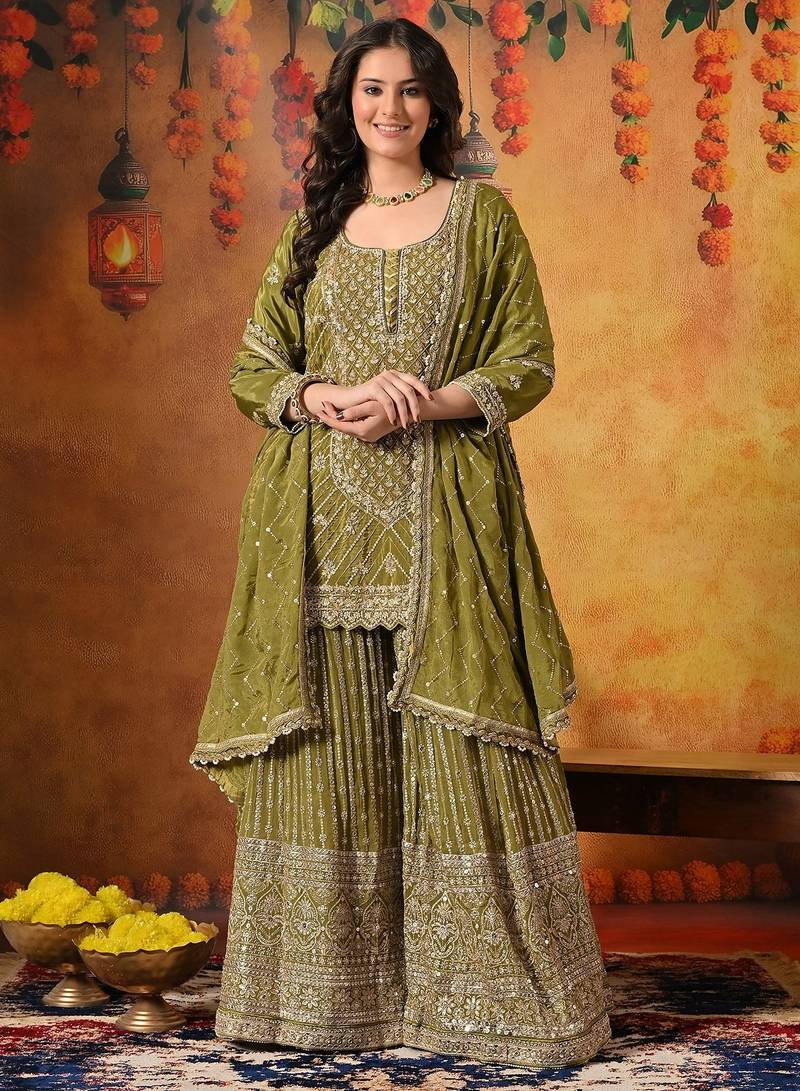 Green crepe embroidered gharara set