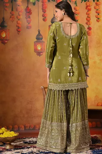 Green crepe embroidered gharara set