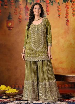 Green crepe embroidered gharara set 3