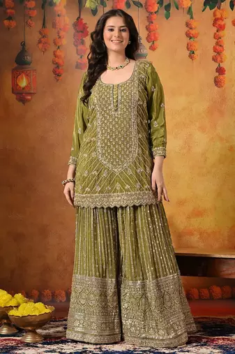 Green crepe embroidered gharara set