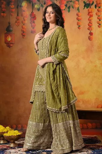 Green crepe embroidered gharara set