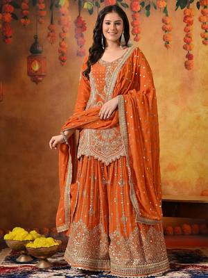Orange crepe embroidered gharara set 1