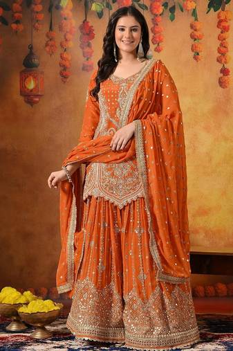 Orange crepe embroidered gharara set