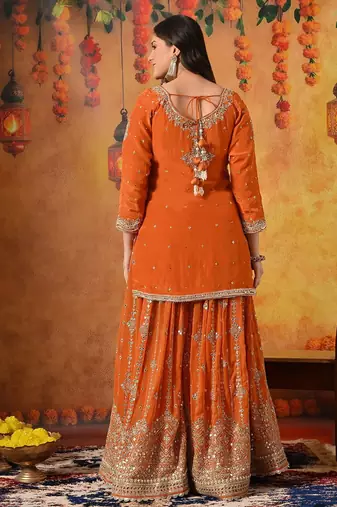 Orange crepe embroidered gharara set