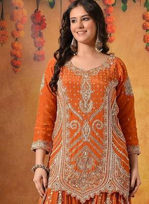Orange crepe embroidered gharara set 3