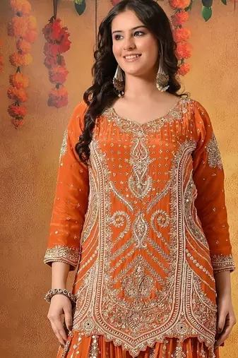 Orange crepe embroidered gharara set