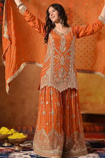 Orange crepe embroidered gharara set