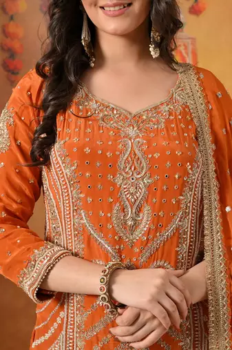 Orange crepe embroidered gharara set