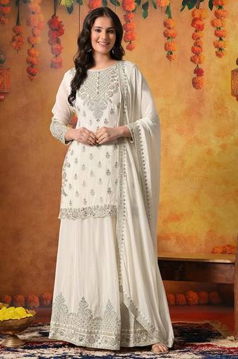 Cream chiffon embroidered lehenga set