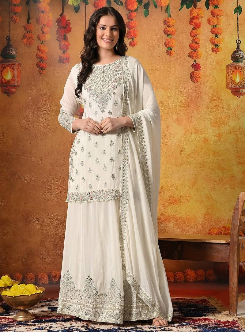 Cream chiffon embroidered lehenga set