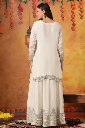 Cream chiffon embroidered lehenga set