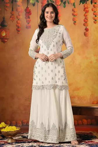 Cream chiffon embroidered lehenga set
