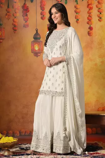 Cream chiffon embroidered lehenga set