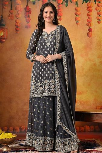 Grey chiffon embroidered lehenga set