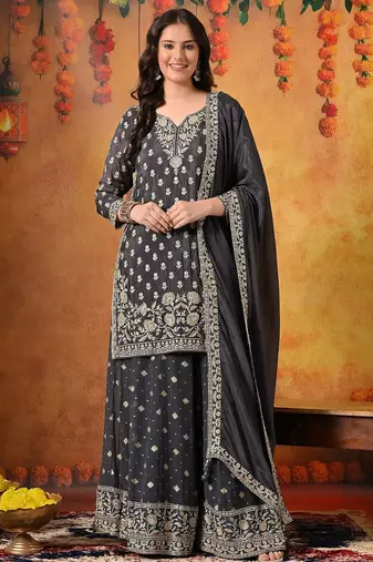 Grey chiffon embroidered lehenga set