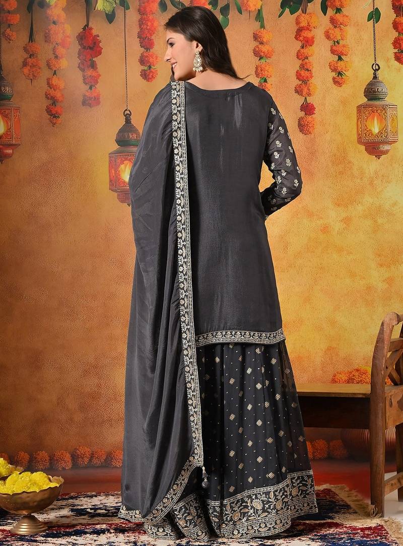 Grey chiffon embroidered lehenga set