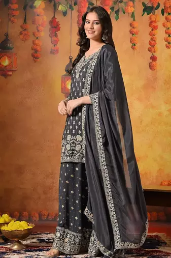 Grey chiffon embroidered lehenga set