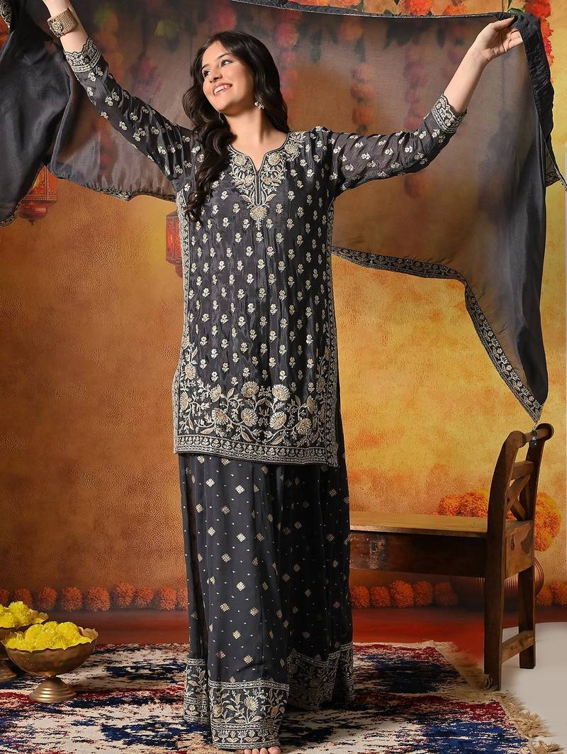 Grey chiffon embroidered lehenga set